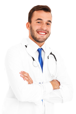 A portrait of a confident young doctor over white backgroundの写真素材