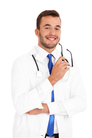 A portrait of a confident young doctor over white backgroundの写真素材