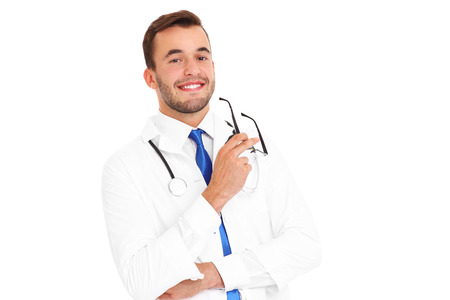 A portrait of a confident young doctor over white backgroundの写真素材