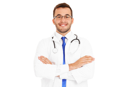 A portrait of a confident young doctor over white backgroundの写真素材