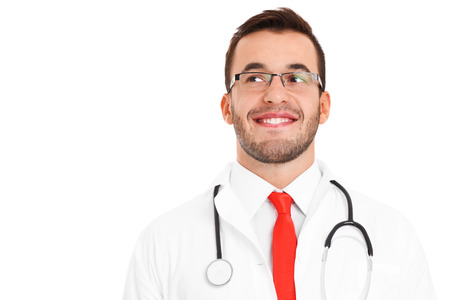 A picture of a happy doctor with stethoscope thinking over white backgroundの写真素材
