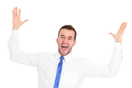 A picture of a happy businessman cheering over white backgroundの写真素材