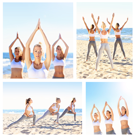 A collage of pictures with girls practising yoga on the beachの写真素材