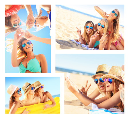 A collage of pictures of women having fun on the beachの写真素材