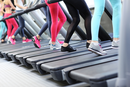Group of fit women working out on treadmill in gymの写真素材