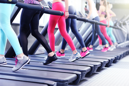 Group of fit women working out on treadmill in gymの写真素材