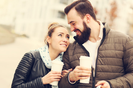 Picture of young couple on a date with coffeeの写真素材