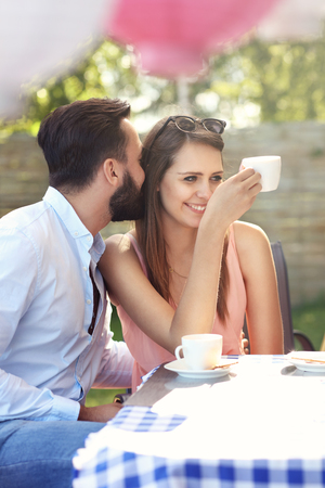 Picture of young couple in restaurantの写真素材
