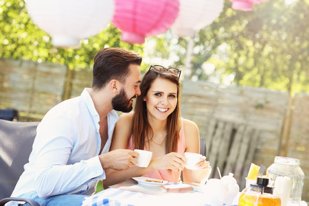 Picture of young couple in restaurantの写真素材