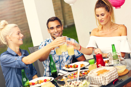 Picture presenting group of friends having barbecue partyの写真素材