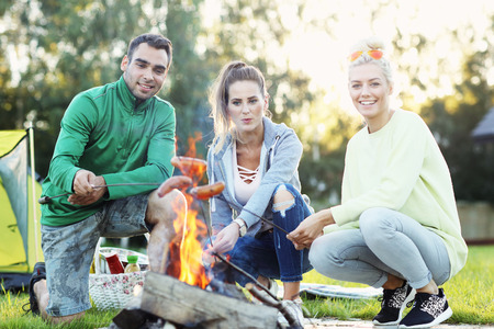 Picture showing group of friends preparing marshmallow on campfireの写真素材
