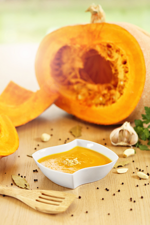 Picture showing pumpkin creamy soup with pinia nutsの写真素材