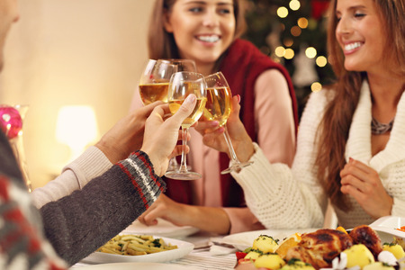 Picture showing group of friends celebrating Christmas at homeの写真素材
