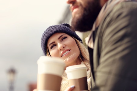 Picture showing happy young couple dating in the cityの写真素材