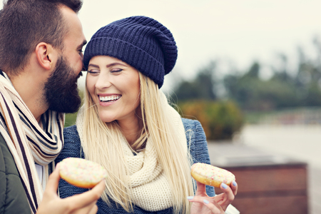 Picture showing happy young couple dating in the cityの写真素材