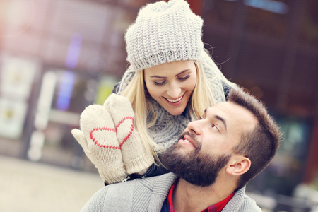 Picture showing happy young couple dating in the cityの写真素材