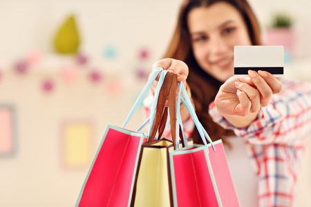 Attractive woman buying Easter gifts onlineの写真素材