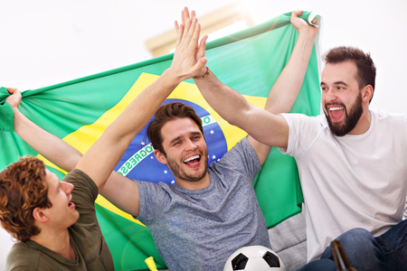 Happy male friends cheering and watching sports on tvの写真素材