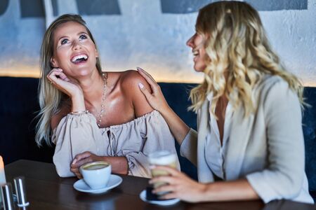Two girl friends eating lunch in restaurantの写真素材