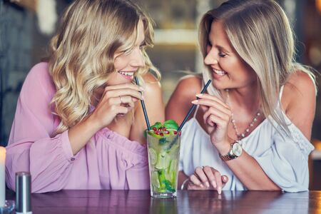 Two girl friends eating lunch in restaurantの写真素材
