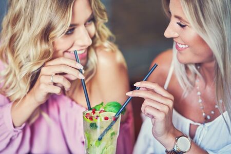 Two girl friends eating lunch in restaurantの写真素材