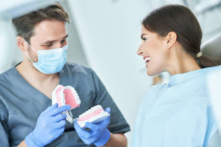 Male dentist showing jaw to woman in dentist office