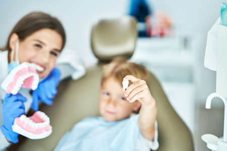 Little boy and female dentist in the dentists officeの写真素材
