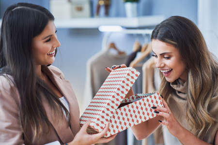 Two happy girls on shopping wit box and shoesの写真素材