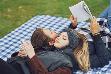 Young nice couple having fun on campingの写真素材