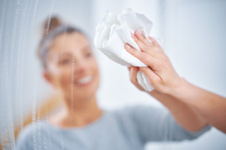Picture of yound woman cleaning mirror window
