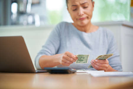 Young woman counting home budget with bills