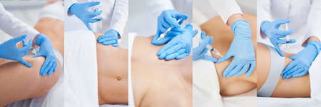 Beautiful image collage of of lipolysis treatment on different parts of woman body