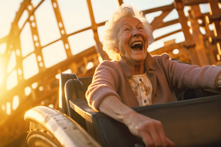 AI generated image of old happy woman on rollercoasterの素材