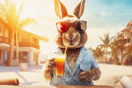 AI generated image of rabbit with drink on the beachの素材