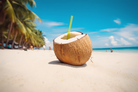 Image of coconut with straw on perfect sand beachの写真素材