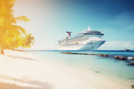 Image of bug passenger cruise ship near perfect beachの写真素材