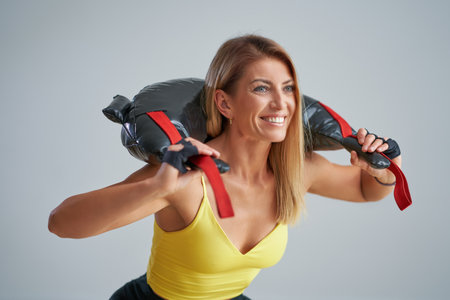 Photo of attractive blonde woman doing training with sandbagの写真素材