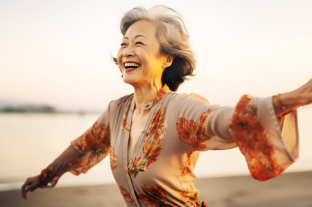 Photo of happy mature japanese woman at the beachの素材