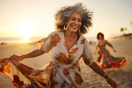 Photo of happy mature latin woman at the beachの素材
