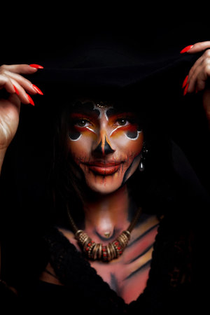Real photo of woman with Santa Muerte Halloween make upの写真素材