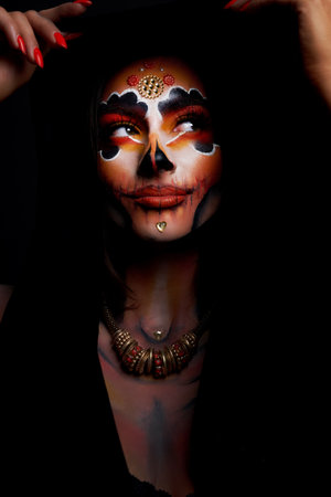 Real photo of woman with Santa Muerte Halloween make upの写真素材