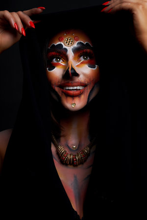 Real photo of woman with Santa Muerte Halloween make upの写真素材