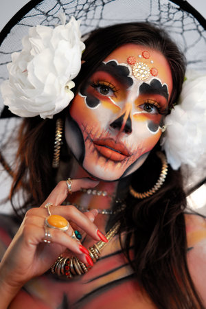 Real photo of woman with Santa Muerte Halloween make upの写真素材