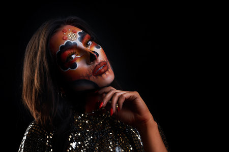 Real photo of woman with Santa Muerte Halloween make upの写真素材