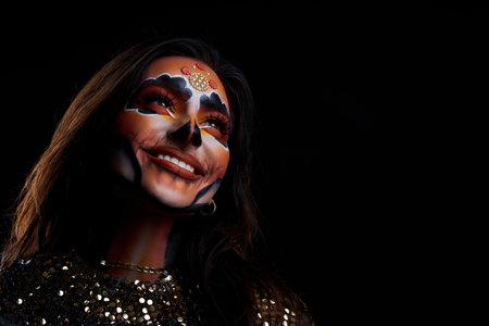 Real photo of woman with Santa Muerte Halloween make upの写真素材