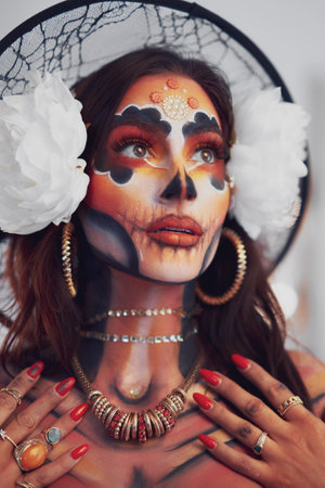 Real photo of woman with Santa Muerte Halloween make upの写真素材