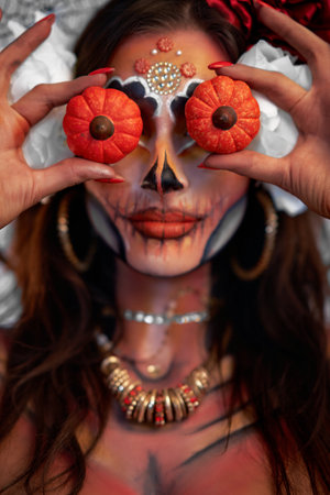 Real photo of woman with Santa Muerte Halloween make upの写真素材