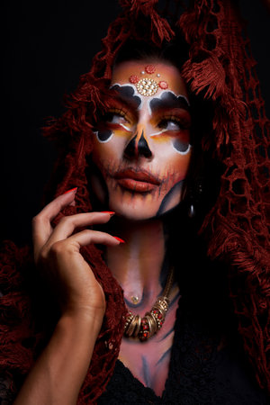 Real photo of woman with Santa Muerte Halloween make upの写真素材