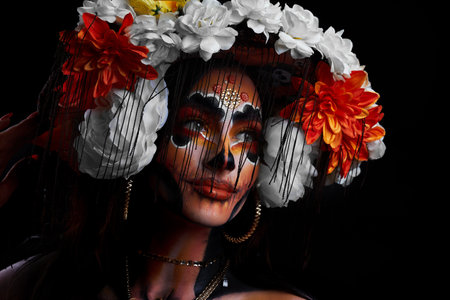 Real photo of woman with Santa Muerte Halloween make upの写真素材