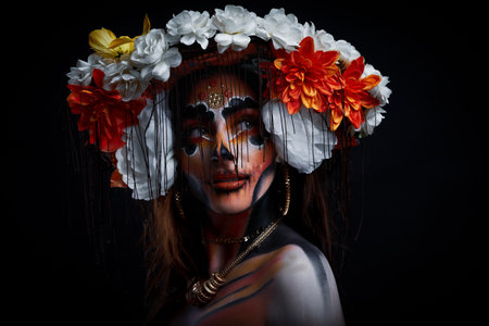 Real photo of woman with Santa Muerte Halloween make upの写真素材